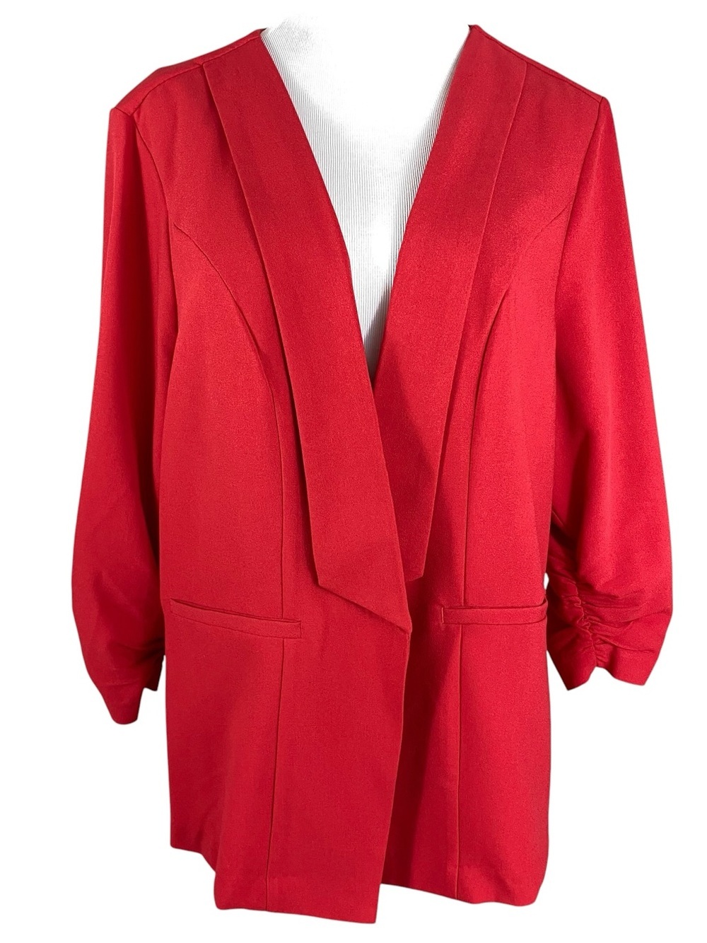 Torrid Womens Open Front Blazer Plus Size 3 US 3X Red Crepe Ruched Sleeve Office